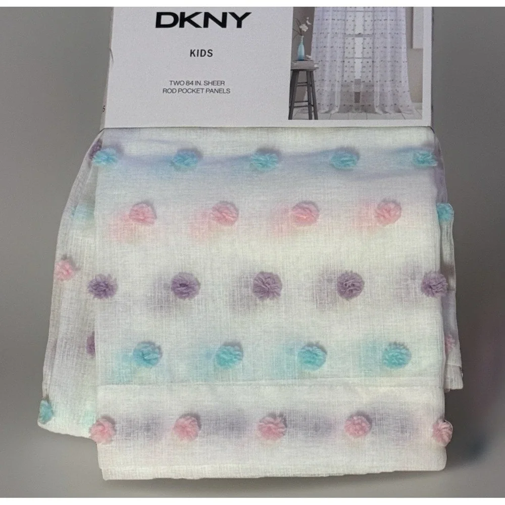 NEW DKNY Window Rod Pocket Panel Pastels Pom Pom White Sheer 84